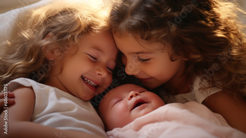 Portrait of two young girls lay next to a newborn baby showing care for their new born sister , siblings sisterhood and third child concept image