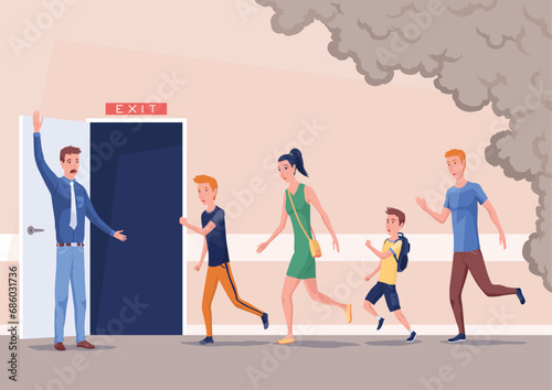 Pupils evacuation from school building flat color vector illustration. Students and staff emergency leaving. Kids follows escape route 2D cartoon characters with educational facility