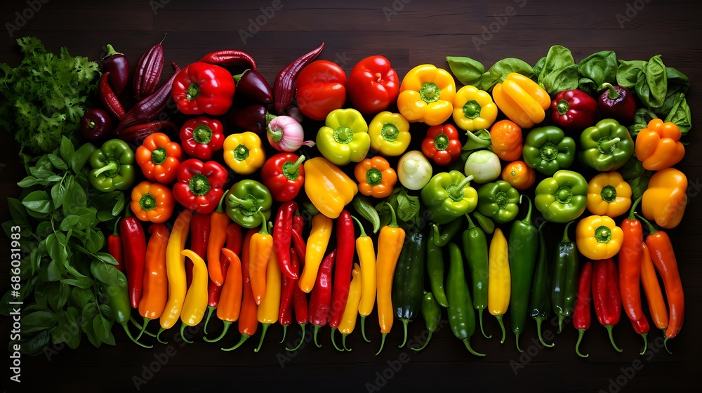Rainbow of bell peppers and chili varieties