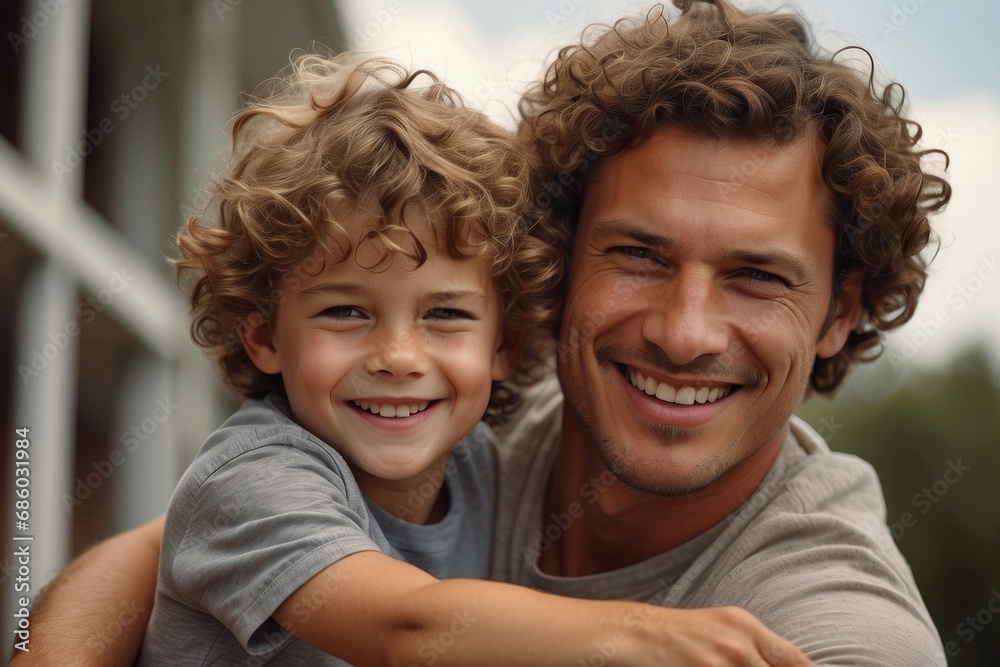 Close-up portrait of a beautiful family in nature. Dad and son with curly hair smile and look at the camera in nature. Family Day, Day of Smiles, happiness, large family, family values concepts. Close-up portrait of a beautiful family in nature. Dad and son with curly hair smile and look at the camera in nature. Family Day, Day of Smiles, happiness, large family, family values concepts.