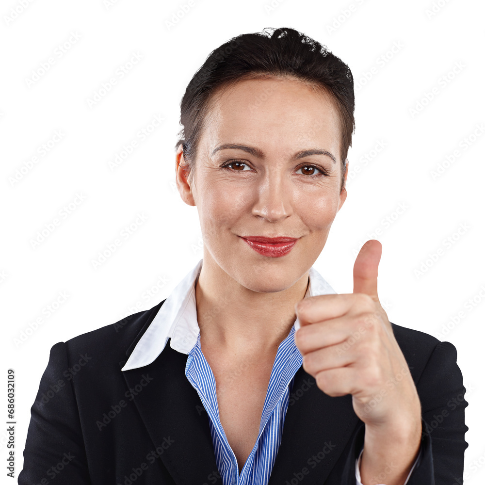 Thumbs up, business woman and portrait of success, winning deal or achievement isolated on transparent png background. Face of happy worker, emoji sign or like for feedback, vote or support agreement Thumbs up, business woman and portrait of success, winning deal or achievement isolated on transparent png background. Face of happy worker, emoji sign or like for feedback, vote or support agreement