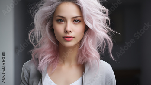 Happy asian woman with long pink color hair, at the studio white grey background. Skincare concept, wellness of face skin.