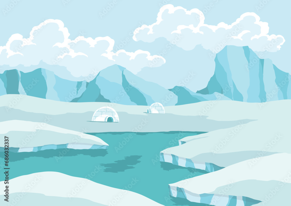 North pole arctic. White drifting and melting glacier in ocean, snow mountains iceberg polar winter season cartoon vector illustration North pole arctic. White drifting and melting glacier in ocean, snow mountains iceberg polar winter season cartoon vector illustration