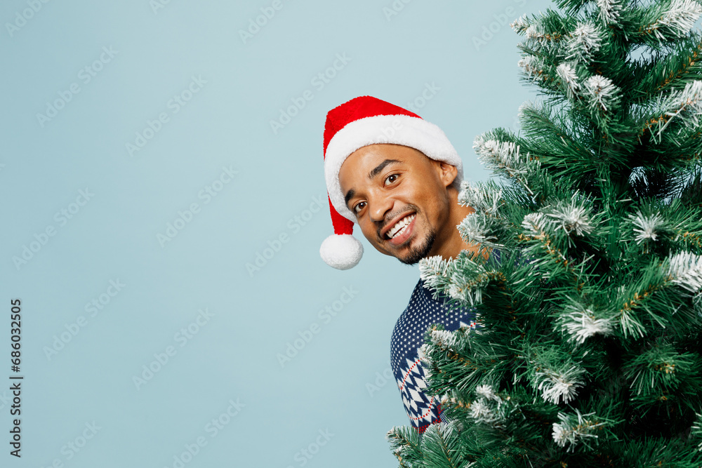 Young smiling cheerful fun man wear knitted sweater Santa hat posing ...