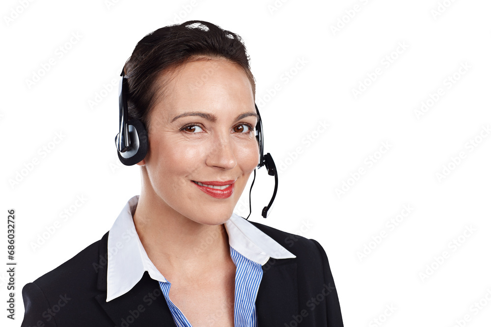 Call center, woman and portrait with smile for telemarketing, CRM questions or customer service support isolated on transparent png background. Sales consultant, microphone or telecom contact for FAQ Call center, woman and portrait with smile for telemarketing, CRM questions or customer service support isolated on transparent png background. Sales consultant, microphone or telecom contact for FAQ