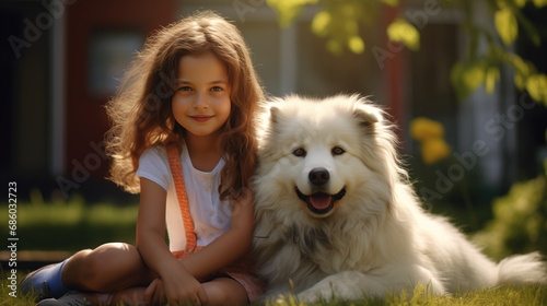 Close up of a little pretty girl hugs a fluffy beautiful dog, lovely pet, frendship with pets. Outdor background. Cute dog. © KatyaPulina
