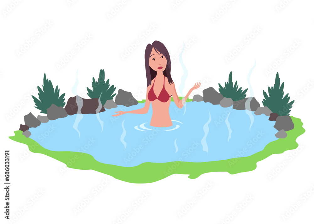 Hot springs pool. People enjoying thermal spa water in winter, flat vector illustration. Mountain onsen, japanese natural hot springs resort. Relax, recreation Hot springs pool. People enjoying thermal spa water in winter, flat vector illustration. Mountain onsen, japanese natural hot springs resort. Relax, recreation