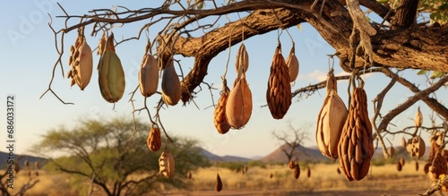 Focus on various seed pods of the Kigelia africana tree, also called the Sausage tree or Worsboom in Afrikaans.