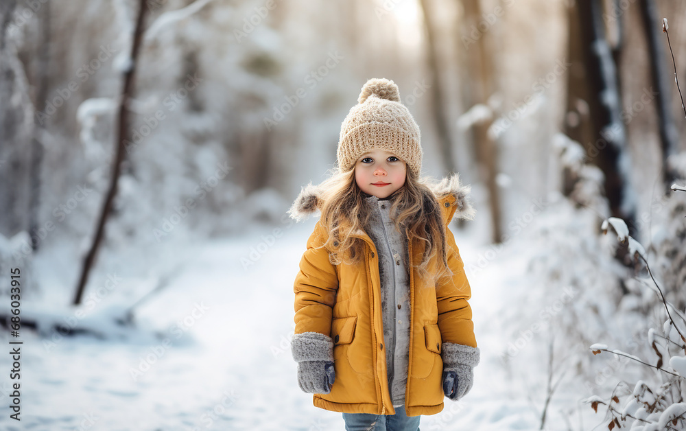 Preschool girl walking through the snowy forest on a bright morning. Cute kid in nature, forest in winter. Child, outdoor leisure.