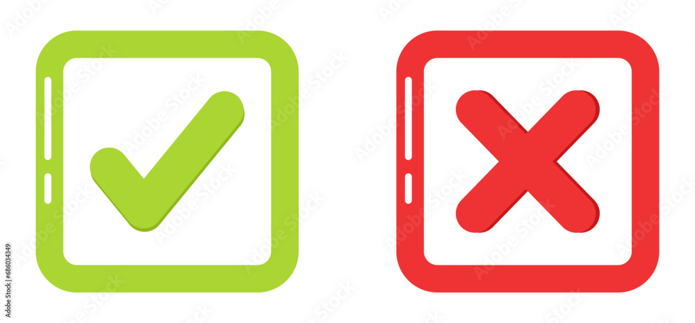 Flat green check and red cross mark in square shape symbol illustration