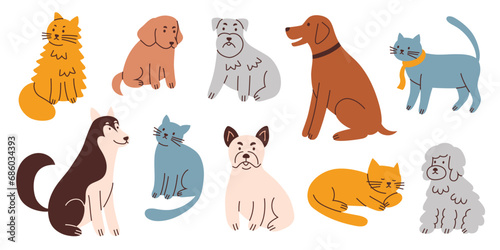 Cute cats and dogs collection, hand drawn set of domestic animals, kittens and puppies, adorable pets, vector illustrations of French bulldog, terrier, Labrador, Husky, different breeds