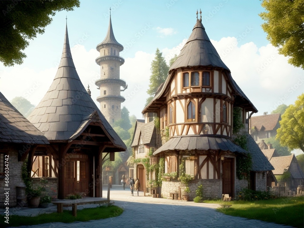 _Generate a village scene that combines elements of both medieval and futuristic architecture. Show a harmonious coexistence of traditional and modern structures._
