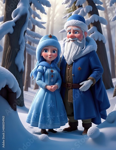 Russian folklore fairytale characters Father Frost (Ded Moroz) and Snow Maiden (Snegurochka) in winter forest photo