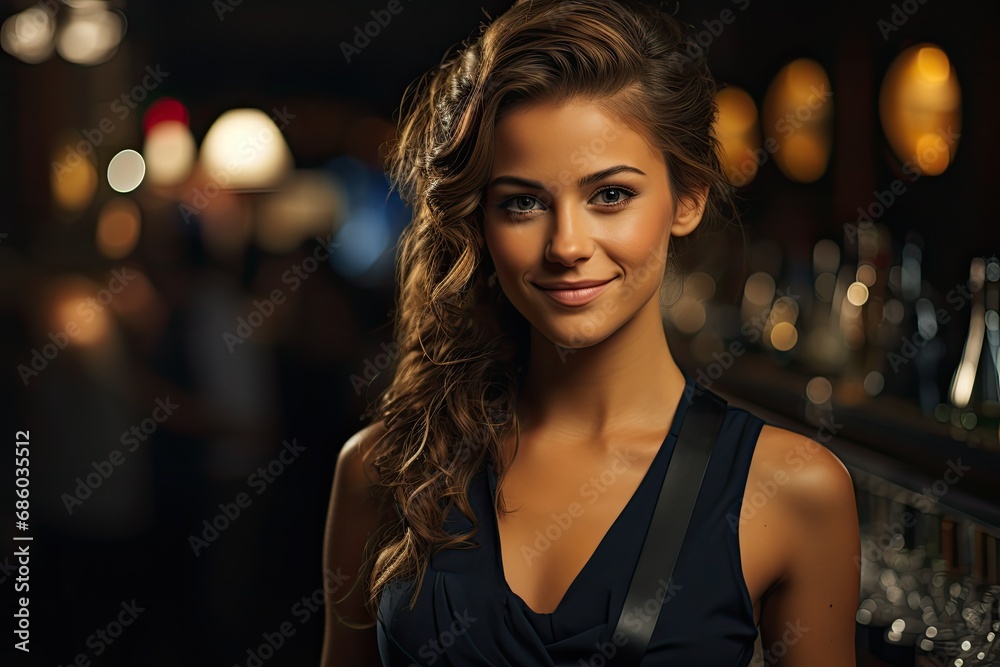 beautiful young woman standing at the bar of a nightclub