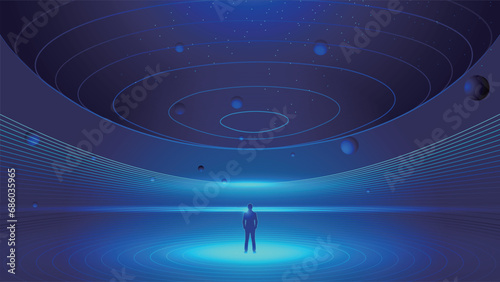 A businessman stands in the exhibition hall and looks at the background of cosmic planet technology