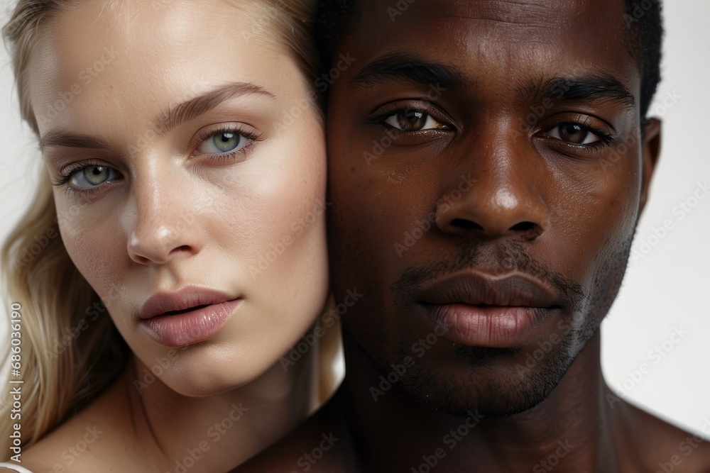 Close-up portrait of a beautiful Caucasian white woman and an African American man looking directly into the camera on a white background. Beauty, fashion, glamour, interracial couple concepts. Close-up portrait of a beautiful Caucasian white woman and an African American man looking directly into the camera on a white background. Beauty, fashion, glamour, interracial couple concepts.