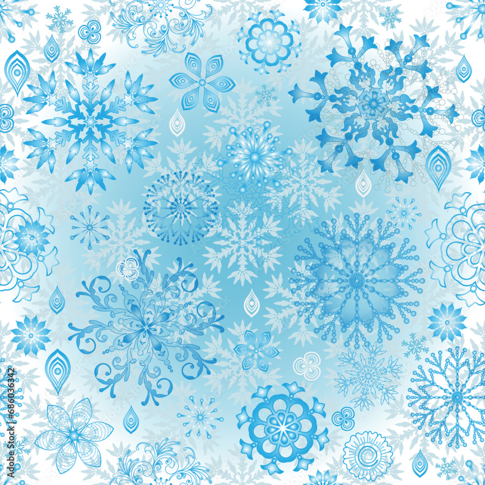 Vector seamless blue gradient and white pattern with vintage snowflakes in retro style Vector seamless blue gradient and white pattern with vintage snowflakes in retro style