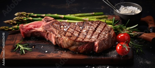 Grilled Tomahawk steak with asparagus, laid flat.