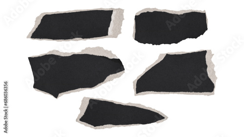 Set of torn and ripped paper pieces, fragments with single edges from black paper in Y2K retro style, png isolated pieces on transparent background 