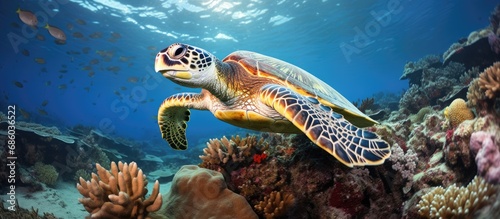 Hawksbill turtle observed by photographer in Layang Layang, South China Sea, Borneo, Malaysia. photo