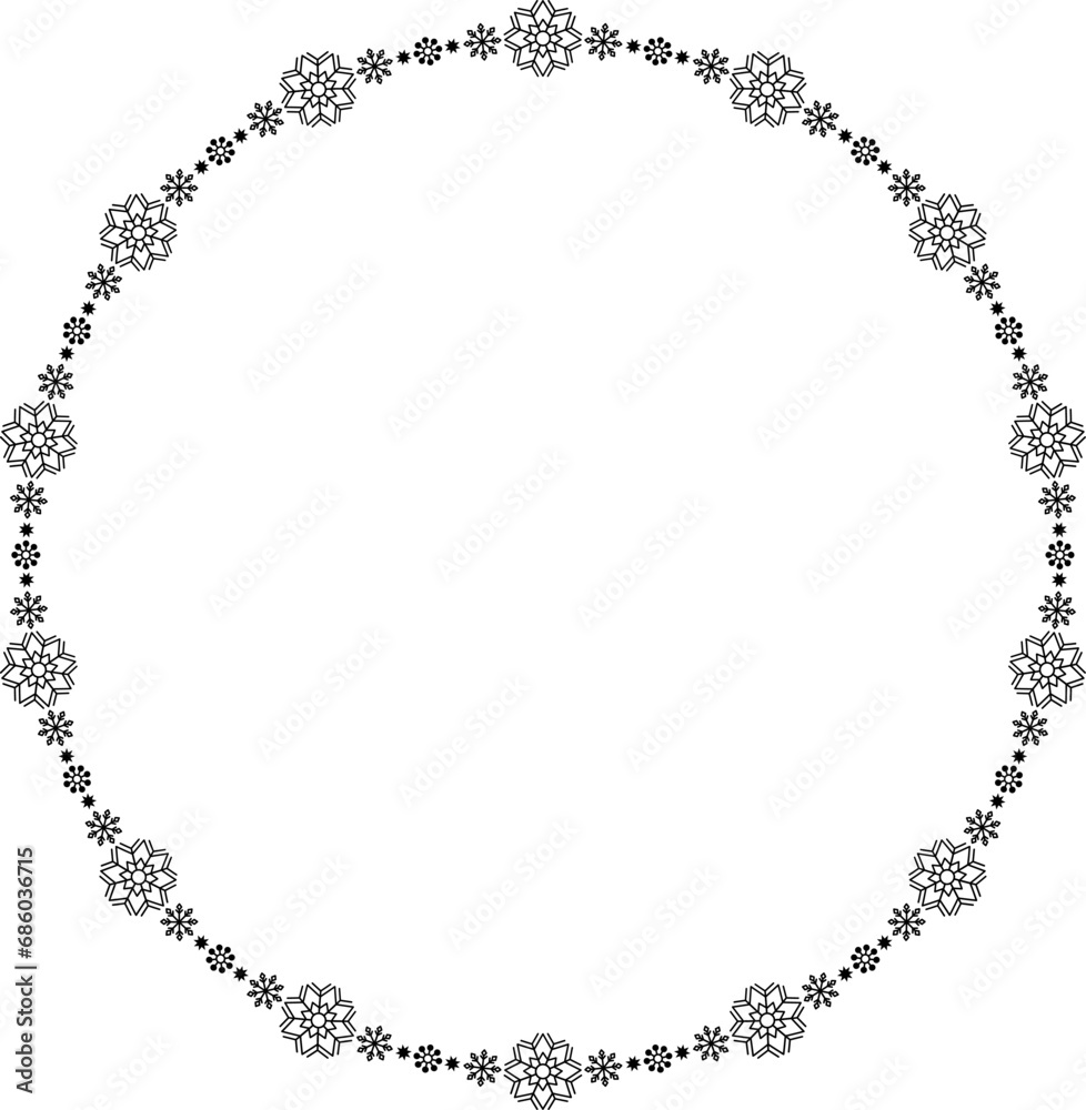 Naklejka premium Snowflake circle frame. Winter snowflake round border.