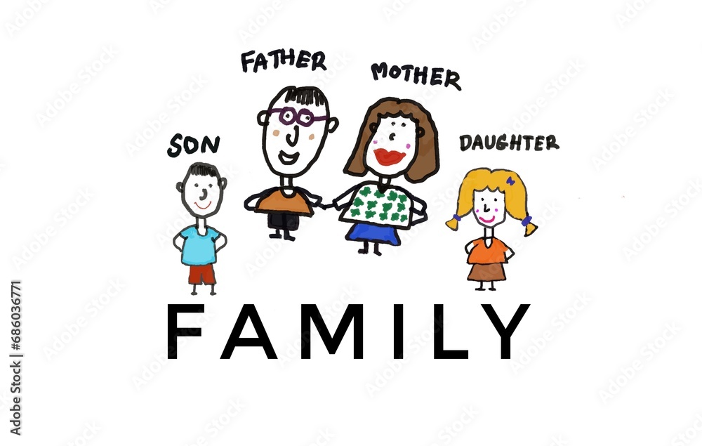 Hand drawn picture cartoon characters of father, mother, daughter and son. Family. White background. Concept, warm and happy family. Illustration for using as teaching aids or design for decoration. 