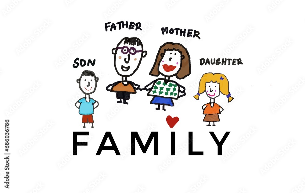 Hand drawn picture cartoon characters of father, mother, daughter and son. Family. White background. Concept, warm and happy family. Illustration for using as teaching aids or design for decoration. Hand drawn picture cartoon characters of father, mother, daughter and son. Family. White background. Concept, warm and happy family. Illustration for using as teaching aids or design for decoration.