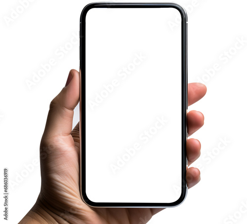 Hand holding smart phone isolated, Mockup mobile phone with empty or blank screen for text, photo editing,Generative ai photo