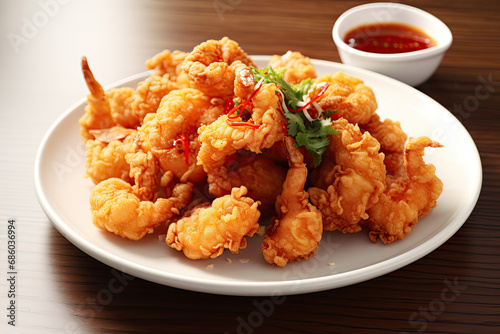 fried shrimp on a white plate with chili sauce