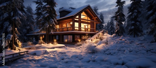 Modern log cabin with large decks  nestled in a forest at dusk  covered in snow.