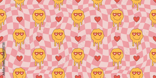 Fototapeta Naklejka Na Ścianę i Meble -  Groovy seamless pattern Valentines Day. Retro hippie psychedelic style vector wallpaper in 60s, 70s. Psychedelic chessboard