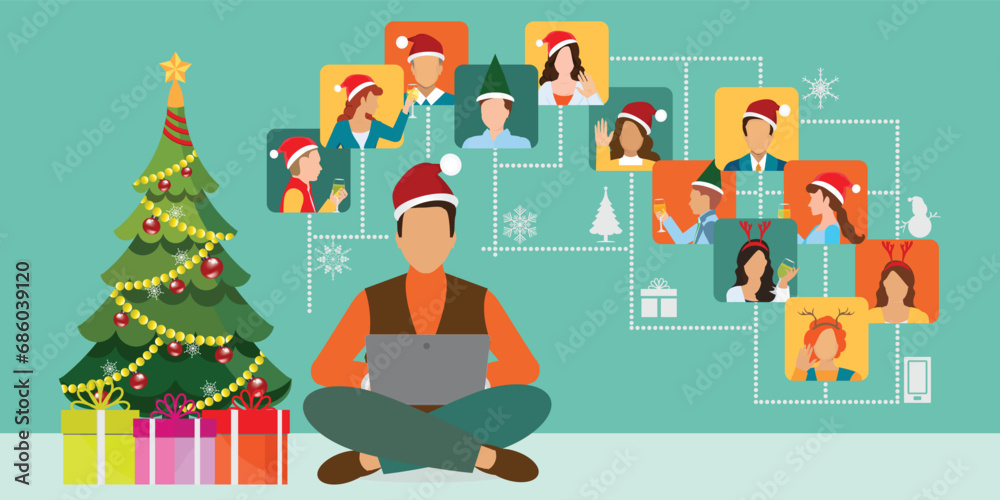 Obraz premium Young man in a New Year's hat sits near the Christmas tree