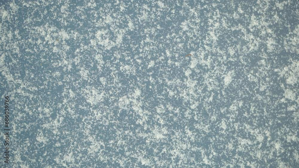Wet snow falls on the glass melts and flows a drop down on a window at Christmas time. Snowflakes and crystals are melting against blue sky. Cold wet weather on window pane. Weather and climate change