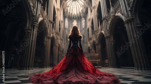 Princess with curly red ginger hair standing inside large open space fantasy castle hall with gothic arches and marble pillars - magnificent black and red gown dress - elegant beauty - roleplaying RPG photo
