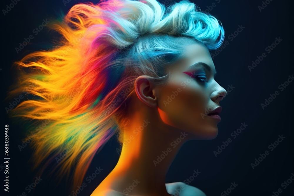 Vivid Neon Elegance - Artistic Portrait of a Woman with Colorful Hair