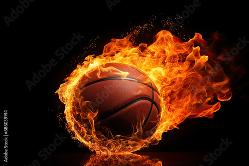 basketball with fire flame on black background photo