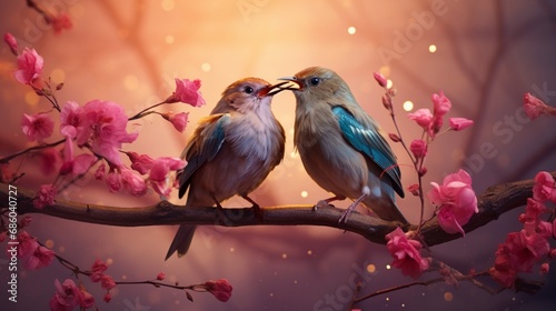A pair of love-struck birds exchanging flowers in mid-air, showcasing the whimsical nature of romance on Valentine's Day. © yasi arts