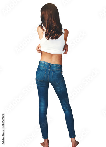 Fashion, woman back and undress with modern, stylish and outfit with lifting clothing. Female person, model and confidence with jeans clothes and style isolated on a transparent, png background photo