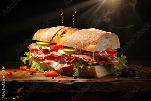french sandwich with tomato and ham on wooden board