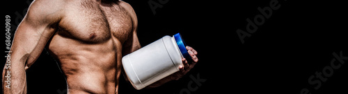 Sportsman hold dieting pill. Doping, anabolic, protein, steroid, sport vitamin bodybuilder and bodybuilding