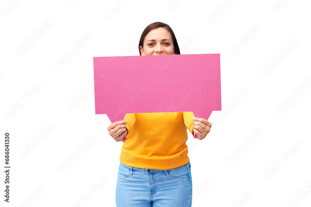 Speech bubble, news and portrait of woman with poster on isolated, png and transparent background. Social media, mockup and person with banner space for communication, information and announcement Speech bubble, news and portrait of woman with poster on isolated, png and transparent background. Social media, mockup and person with banner space for communication, information and announcement