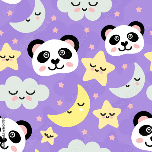 Fototapeta Naklejka Na Ścianę i Meble -  Cute Baby night suit Seamless pattern with panda stars and moon