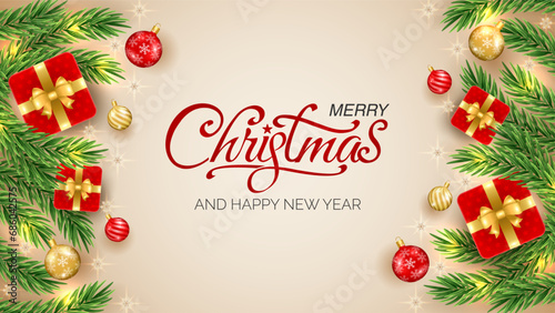 Merry Christmas   Happy New Year greeting with Christmas branch  balls  snowflakes. For sale  banner  posters  cover design templates  social media wallpaper stories