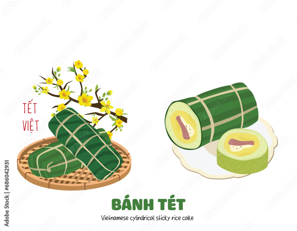 Vietnamese cylindrical sticky rice cake vector. Another type of chung