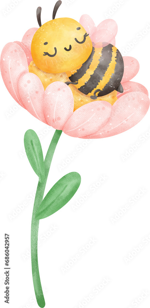 Cute sleeping bee on flower - obrazy, fototapety, plakaty 