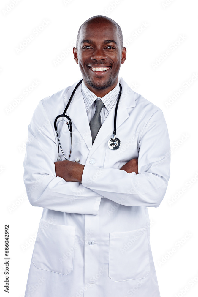 Black man, portrait and doctor with arms crossed for healthcare services, professional consulting or isolated on transparent png background. Happy surgeon, expert therapist and trust for medical help Black man, portrait and doctor with arms crossed for healthcare services, professional consulting or isolated on transparent png background. Happy surgeon, expert therapist and trust for medical help