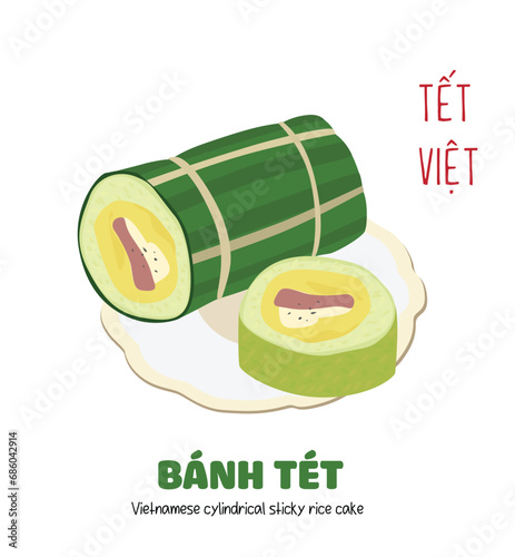 Vietnamese cylindrical sticky rice cake vector. Another type of chung cake in Vietnamese traditional new year. Vietnamese traditional food. Bánh tét. Cake made of rice, bean, pork meat.