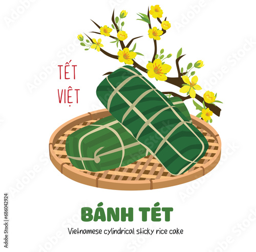 Vietnamese cylindrical sticky rice cake vector. Another type of chung cake in Vietnamese traditional new year. Vietnamese traditional food. Bánh tét. Cake made of rice, bean, pork meat.