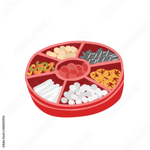 New year candy box vector. Item for storing candy or jam... Chinese new year candy box or vietnamese new year candy box. Flat vector in cartoon style isolated.