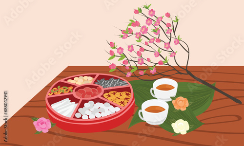 New year candy box vector. Item for storing candy or jam... Chinese new year candy box or vietnamese new year candy box. Flat vector in cartoon style isolated.